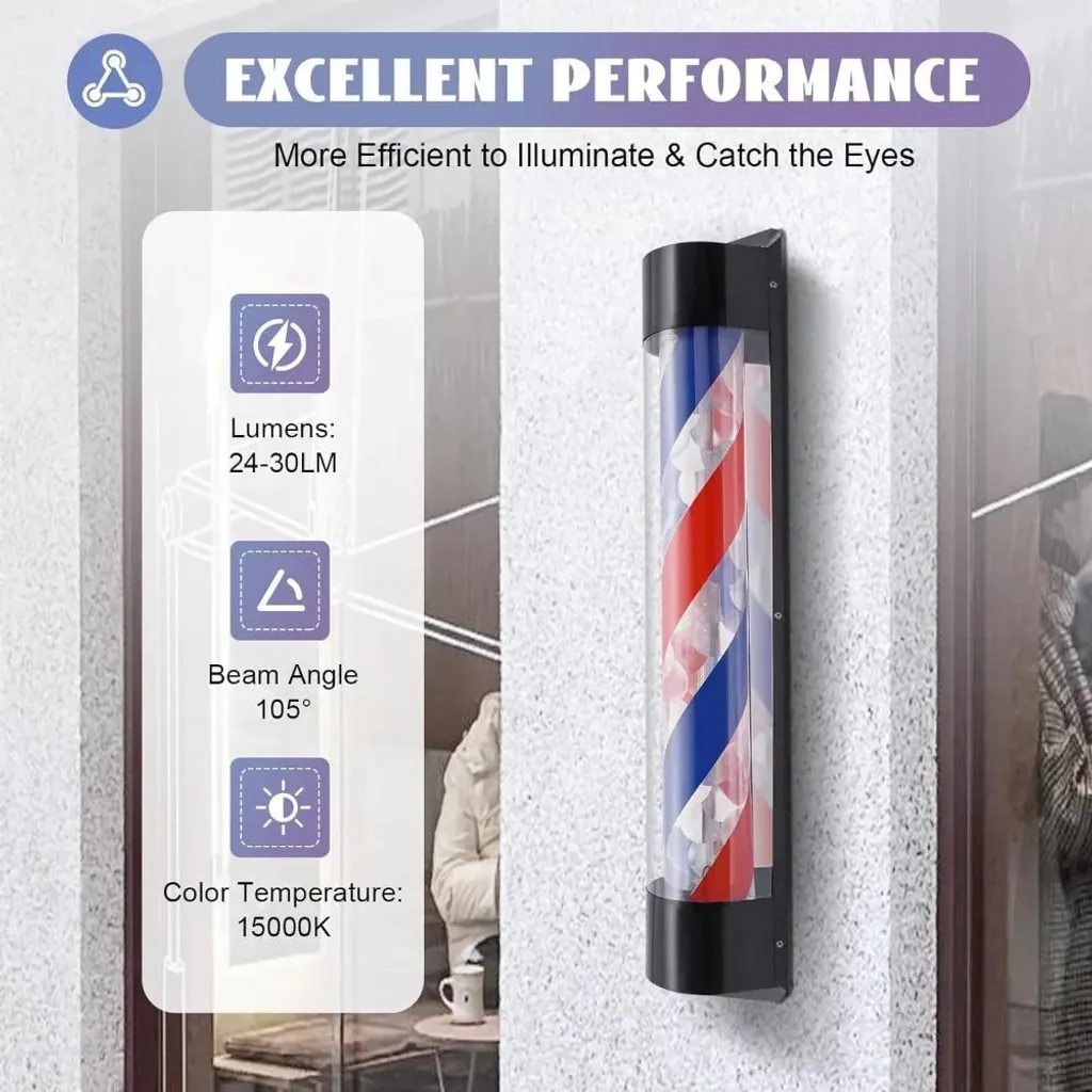 Enseigne lumineuse Barbier rotative - Colonne de coiffure 90cm rouge