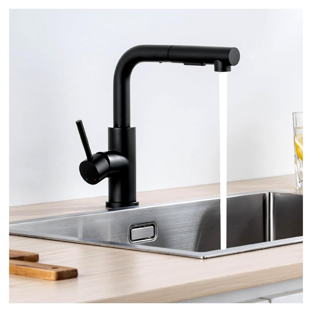 Niederdruck Wasserhahn Küche Armatur Schwarz, Ausziehbare Küchenarmatur mit Brause für Boiler oder Untertischgeräte