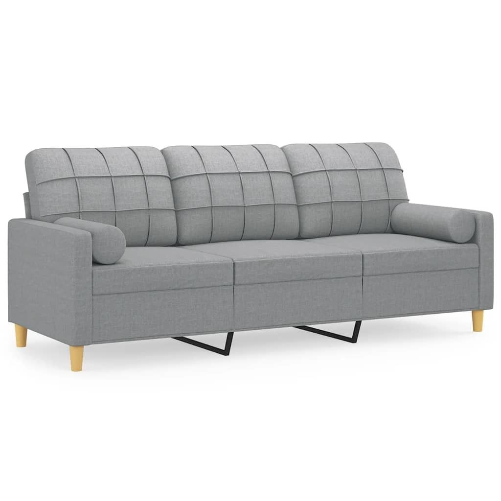 A light gray three-seater sofa with a tufted backrest and a cylindrical bolster pillow on the left armrest, shown from a front-side angle against a white background.