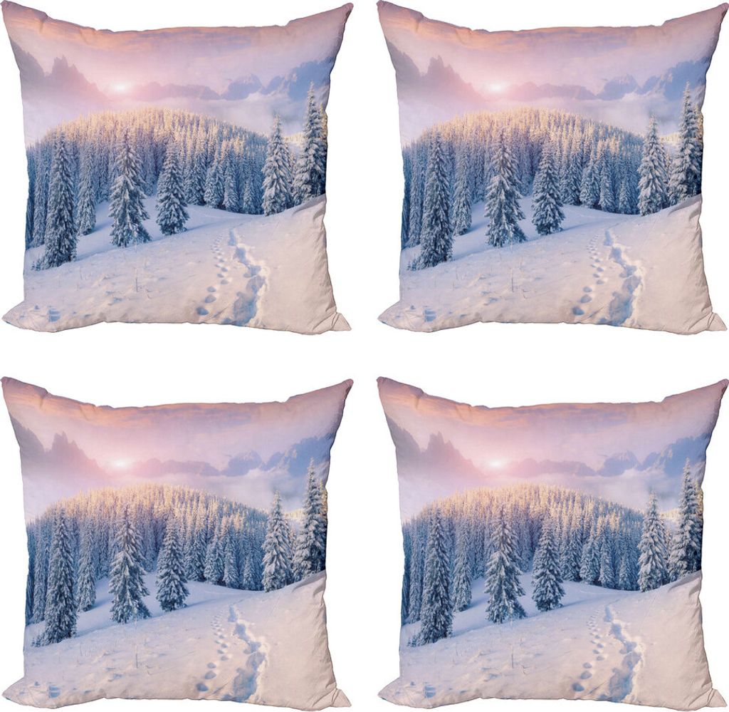 ABAKUHAUS Berg Kissenbezug Set (4 Stück), Idyllische Wintermorgen, Moderner Doppelseitiger Digitaldruck, 50 cm x 50 cm, Pale Pink Weiß