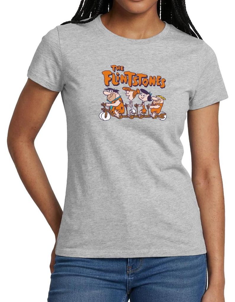 Spreadshirt The Flintstones Fred & Co Auf Steinzeit-Radtour Frauen T-Shirt, S, Grau meliert