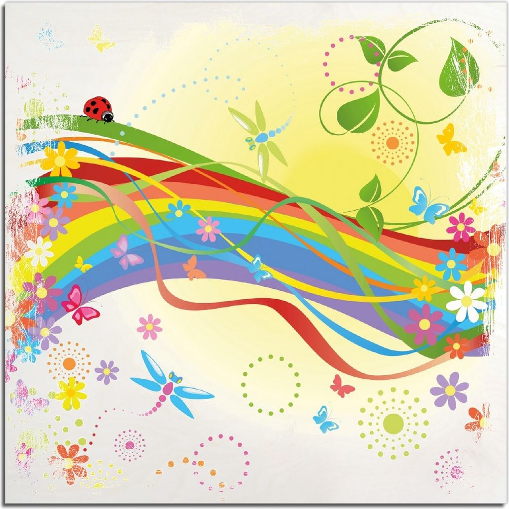Kunstdrucke Wandbilder Holz in : Brillante Farben, Größe 50 x 50 cm Motiv Regenbogen im Sommer - Bienchen und Blümchen