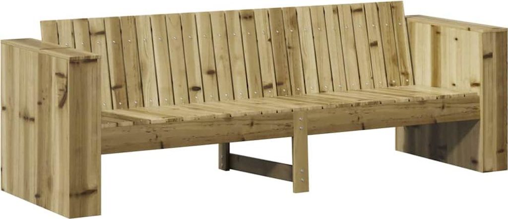 A wooden garden bench shown from the front on a white background.