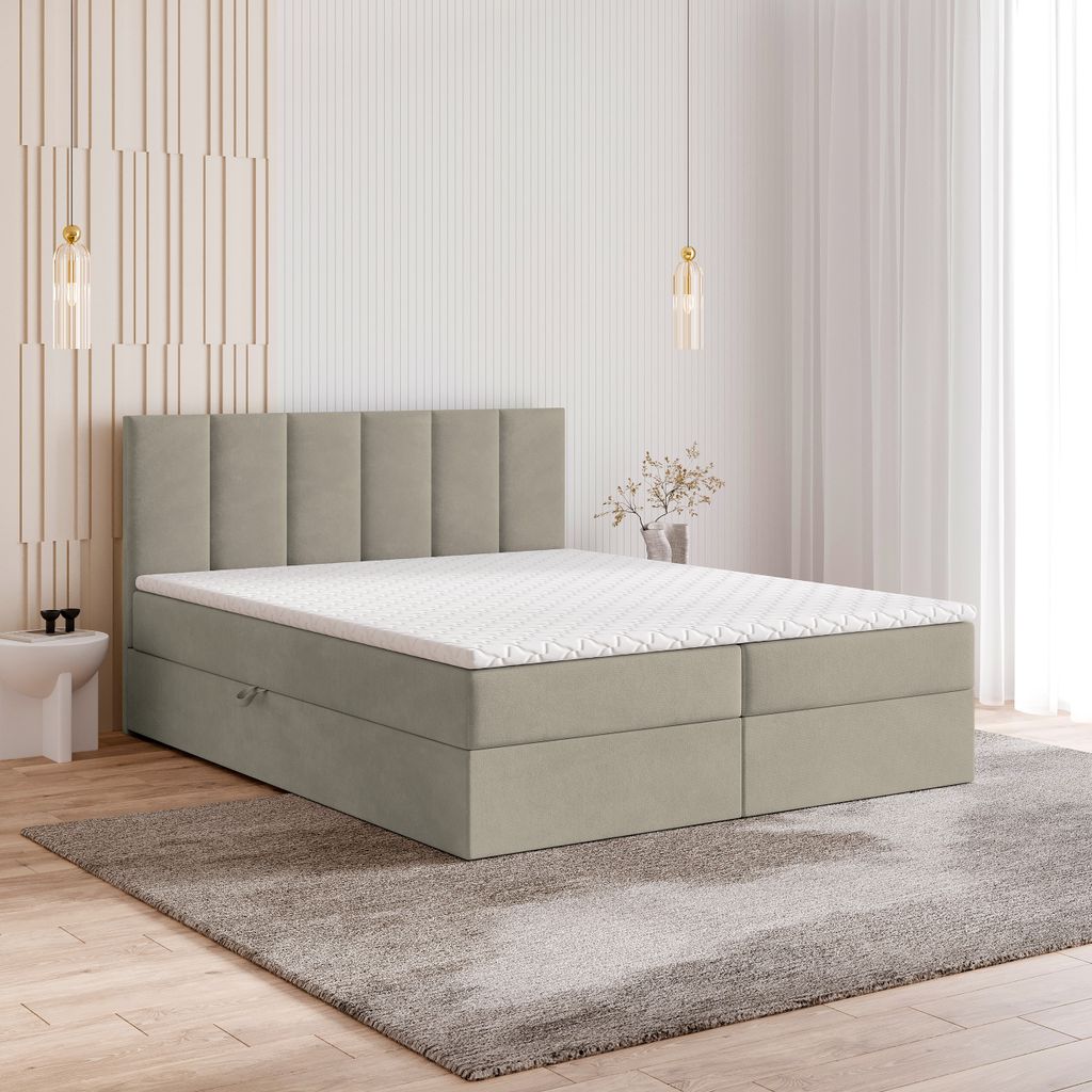 Masseno Boxspringbett MERIL 180x200 cm Komplett-Set mit Bonell Matratze und Topper, Polsterbett mit Bettkästen -Beige, PAROS 02