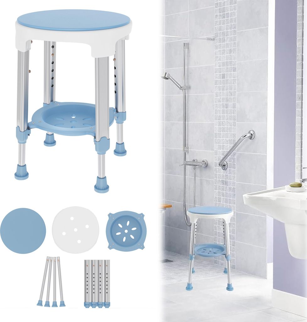 XINZI 360° Drehbar Duschstuhl Duschhocker Höhenverstellbar Badhocker Badehocker Duschsitz Duschhilfe 150kg der Blau Sitzplatte