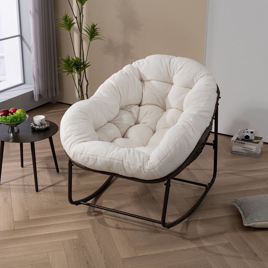 Schaukelstuhl mit Gepolsterte Kissen Outdoor Relaxsessel Schaukelsessel für Veranda Wohnzimmer Terrasse Garten Weiß