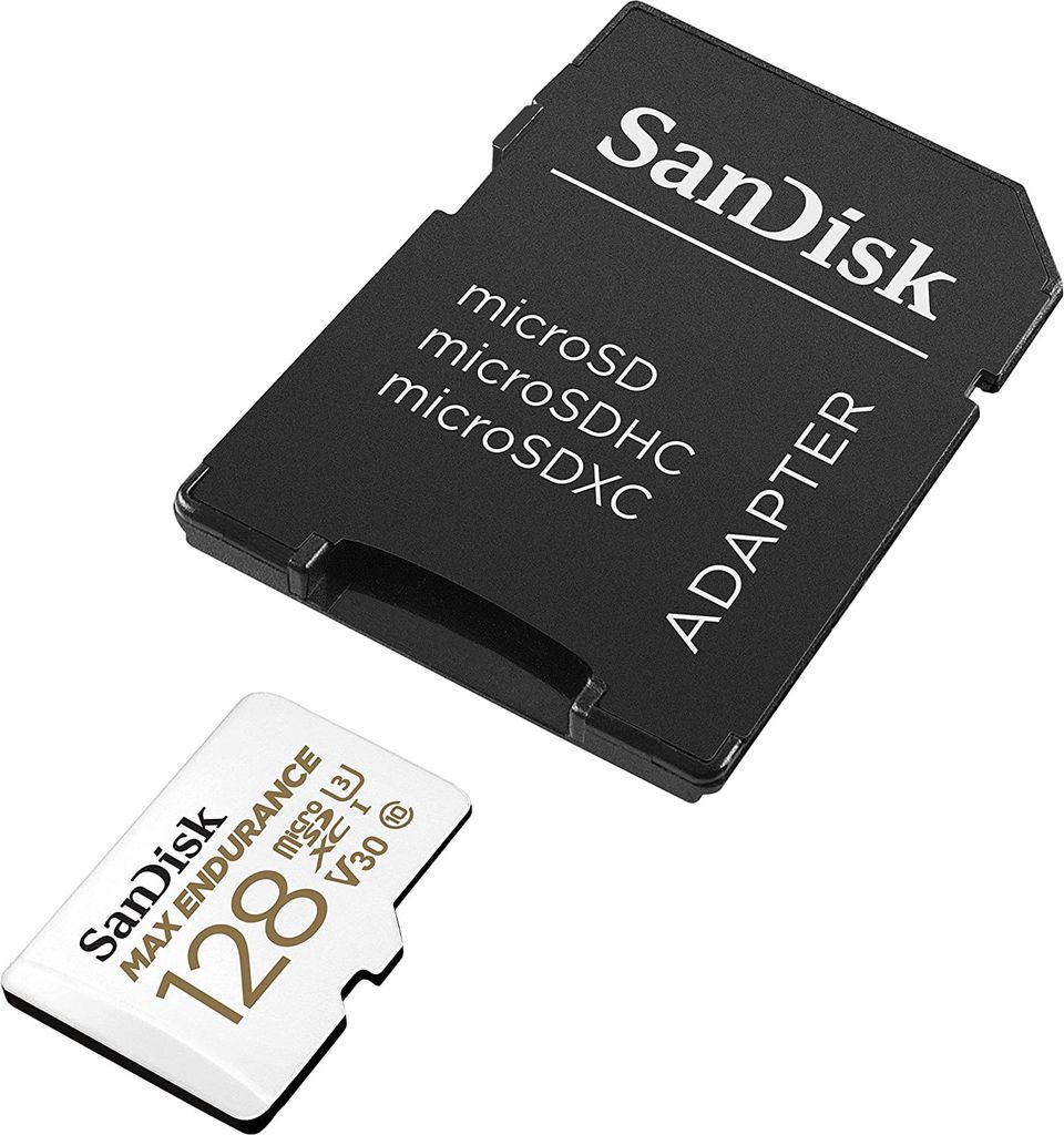 A SanDisk microSD card and its adapter are shown on a white background.