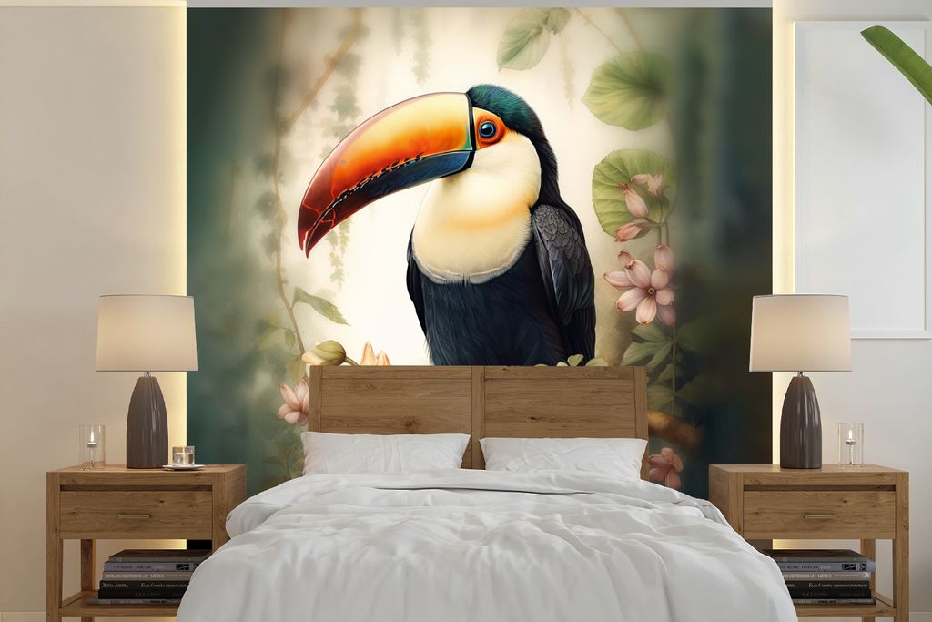 MuchoWow Fototapete für Wohnzimmer oder Schlafzimmer Wandtapete Vinyl Motivtapete Tukan - Vogel - Blumen - Pflanzen - 350x350 cm - Schlafzimmert...