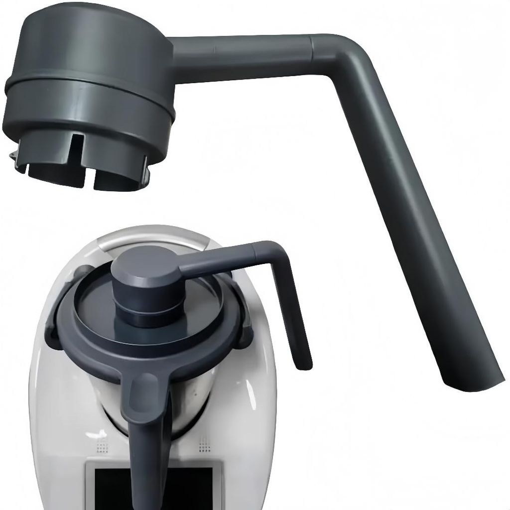 A kitchen appliance accessory, a steam distributor, is shown in two views: one detached and one attached to a kitchen appliance.