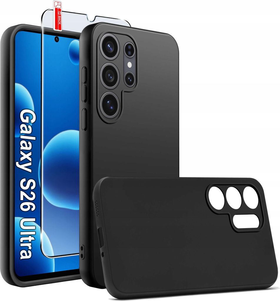 Schwarzes mattes Silikon-Slim-Etui für Samsung S26 Ultra + GLAS 9H