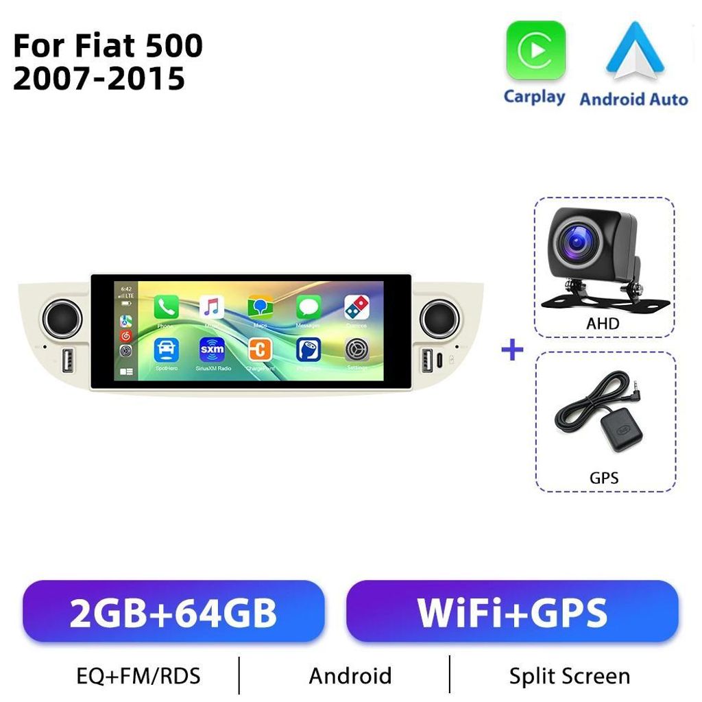 CarPlay Android Autoradio für Fiat 500 2007-2015 - 2DIN Multimedia Navi - 16,5 cm Touchscreen - Android 11 - 2GB RAM 64GB - AHD Rückfahrkamera-Ei...