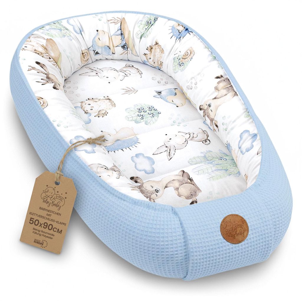 Babynest Neugeborene Nestchen Baby 90x50 cm - Kokon Handmade zweiseitig aus Baumwolle Waffel mit Babynestchen Tiere Blau