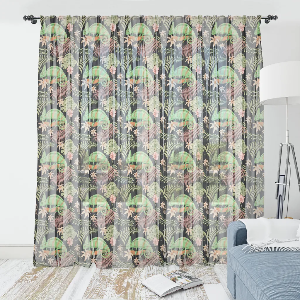 ABAKUHAUS Arazzo tropicale, lucertole camaleonte e fiori selvatici in una scena esotica Rettili, soggiorno camera da letto tessuto da parete in raso setoso, 135 cm x 274 cm, grigio antracite multicolore