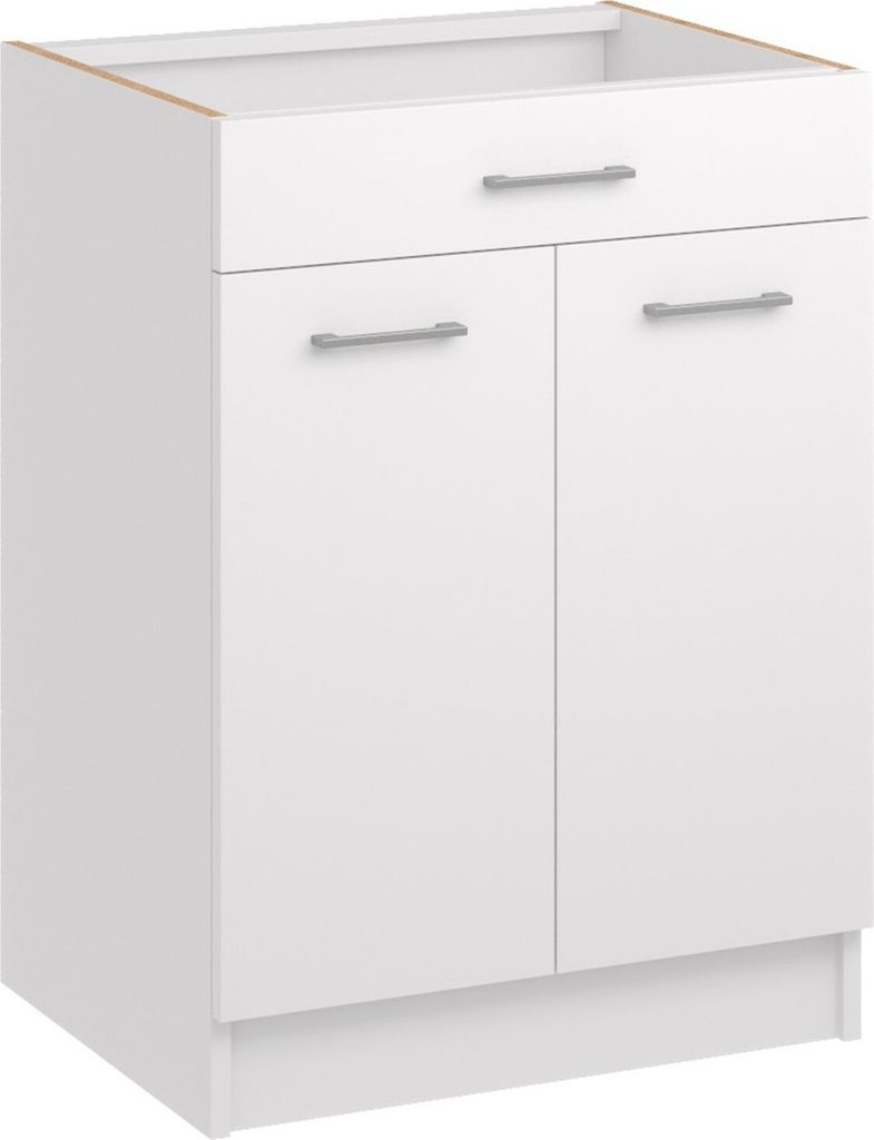 A white kitchen base cabinet with a drawer and two doors.