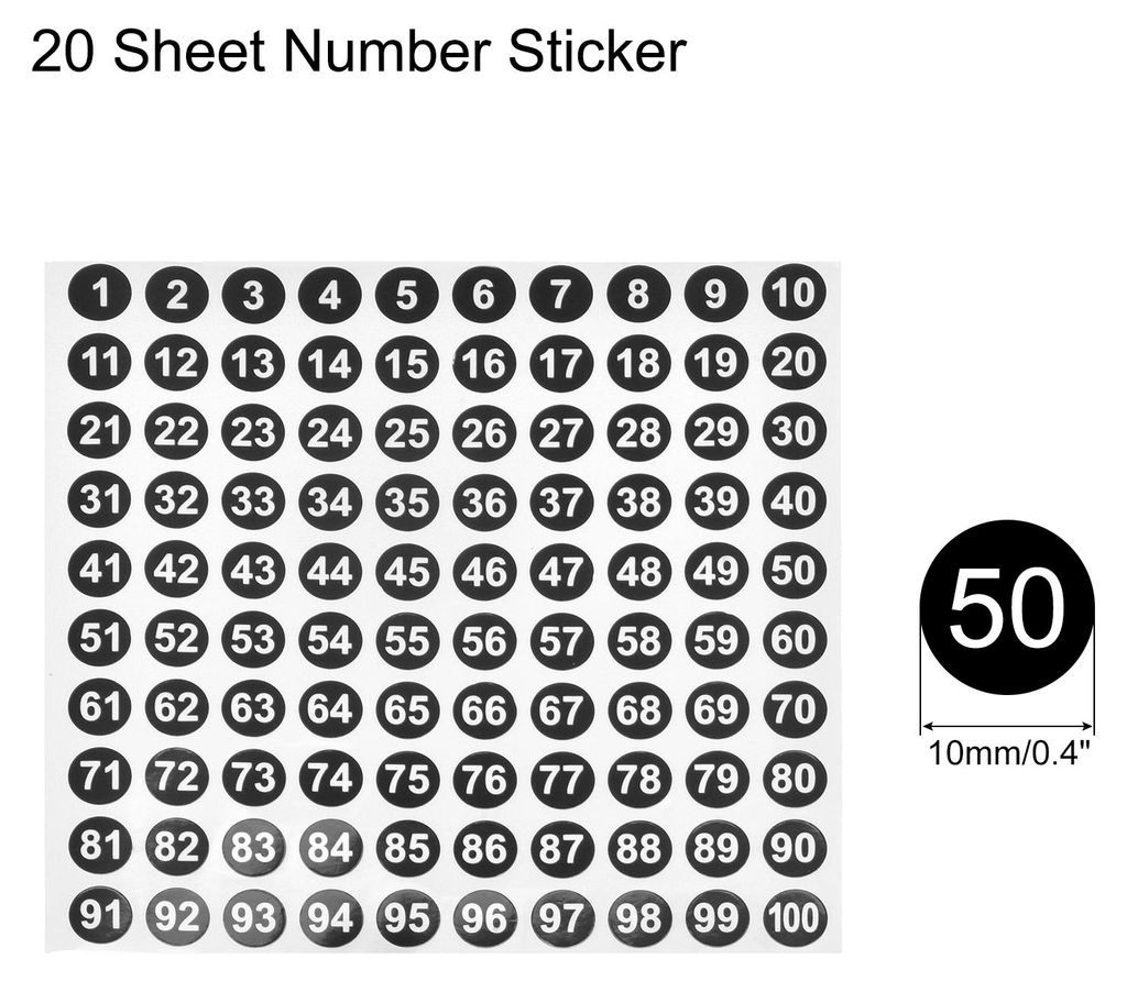20 Blatt Zahlenaufkleber 1-100 rund Vinyl-Aufkleber Wei? auf Schwarz Schlie?fach