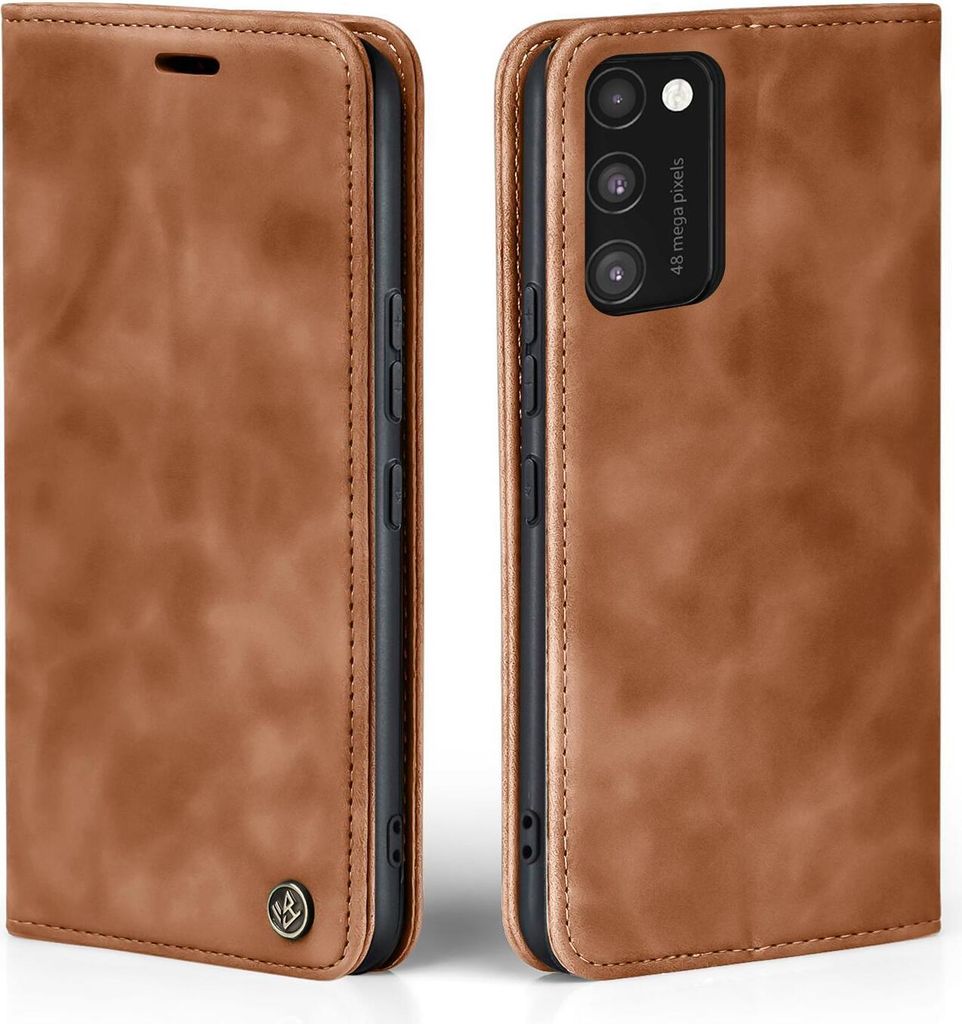 Two views of a brown leather flip case for a smartphone, shown from the front and back.