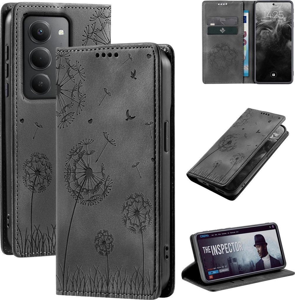 Handyhülle für Xiaomi Redmi 15 / 15 5G RFID Schutz Klapphülle Case Cover Design Blume Pusteblume Schutzhülle Farbe: Schwarz