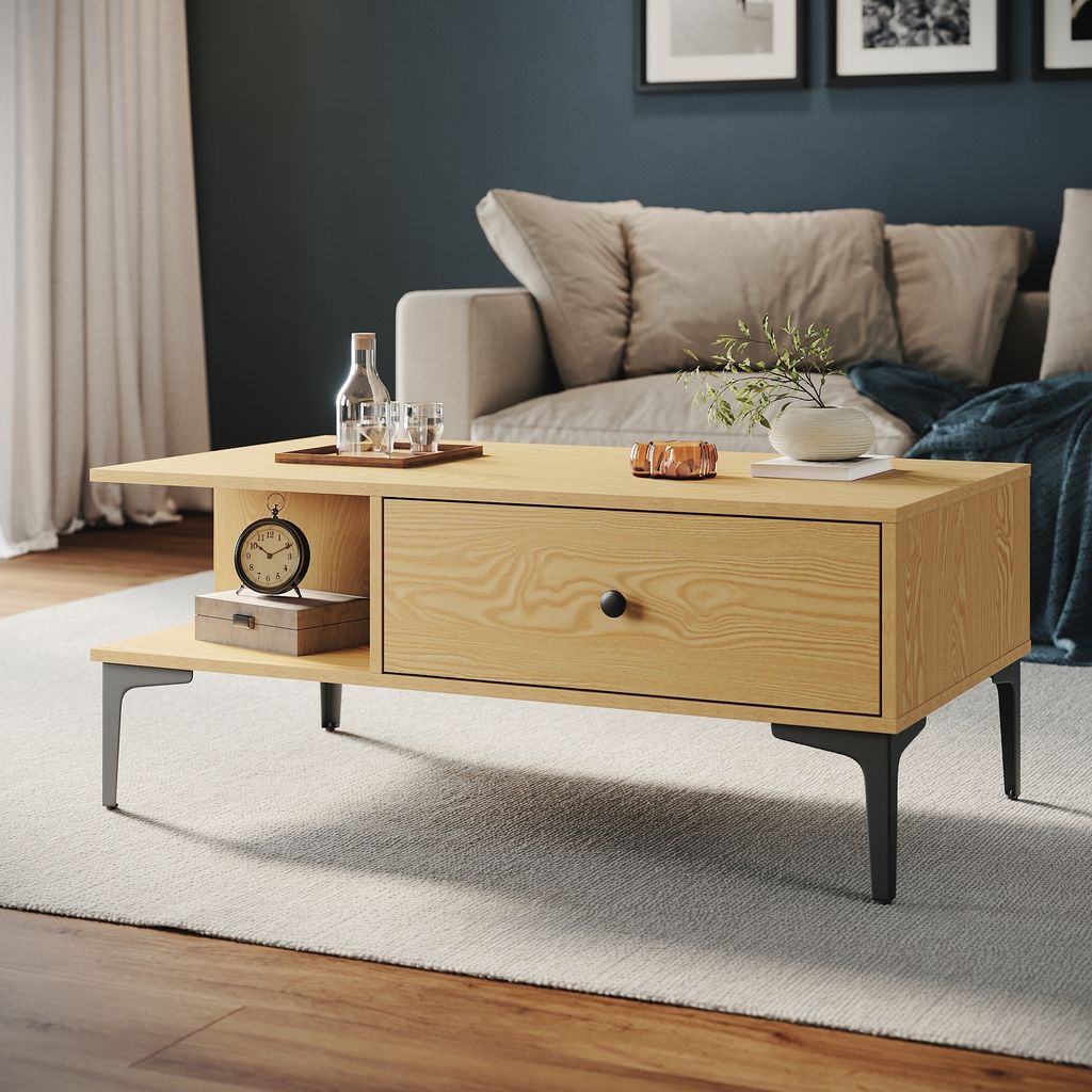 SONNI Holzfarbe Couchtisch 100x55x40 cm mit 2 Schubladenschrank Wohnen Tische Wohnzimmer Wohnzimmertisch Couchtische Holzwerkstoff