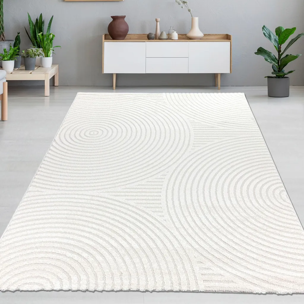 Tapis de salon moderne crème à motif circulaire élégant - 140 x 200 cm
