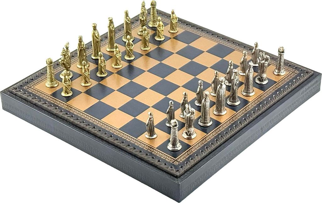 Italienisches Schachset: Mittelalter-Figuren (Metall) + Kunstleder-Schachbrett, Gold/Blau (35 cm)