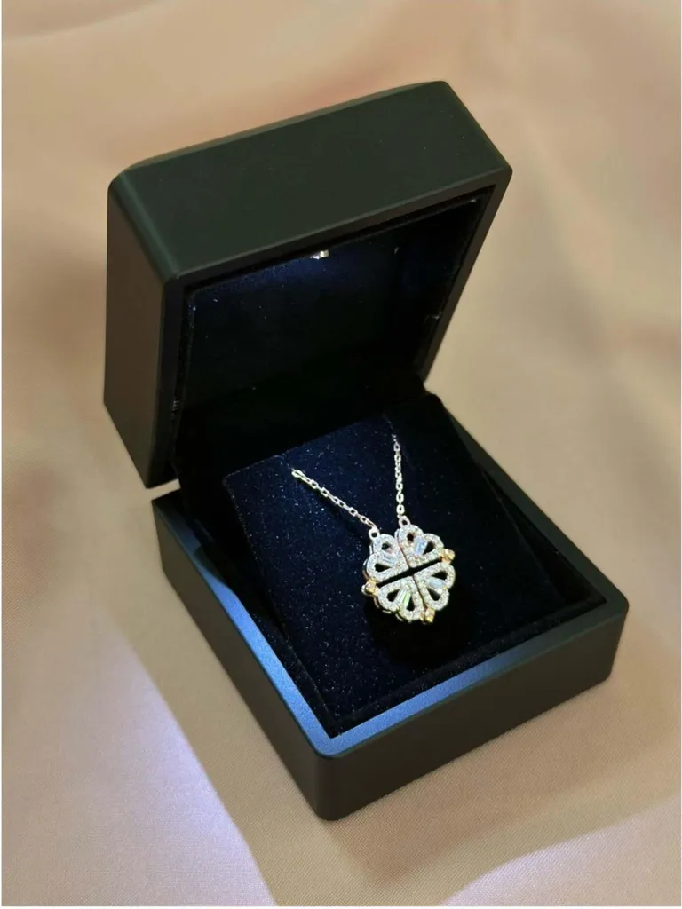 Collier trèfle magnétique en argent 925 doré rose avec design cœur 2 en 1
