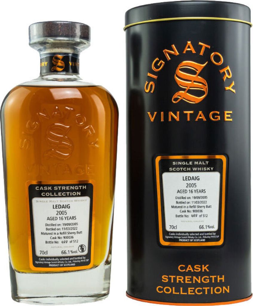 Signatory Vintage LEDAIG 16 Years Old Cask Strength 2005 66,1% Vol. 0,7l in Tinbox