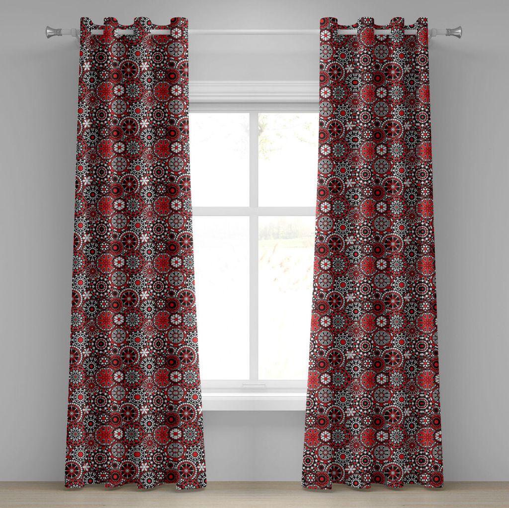 ABAKUHAUS Red Mandala Ösenvorhang, Geometrische Formen, die Blumen bilden, formatiert Mosaik-Art-ethnisches Design, Dekorative 2-Panel-Fenstervorh...