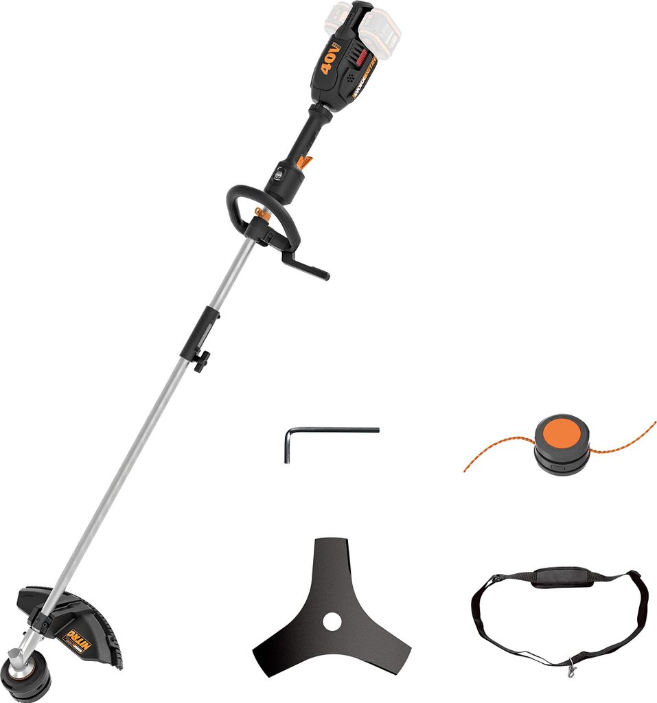 A cordless string trimmer and its accessories are displayed against a white background.