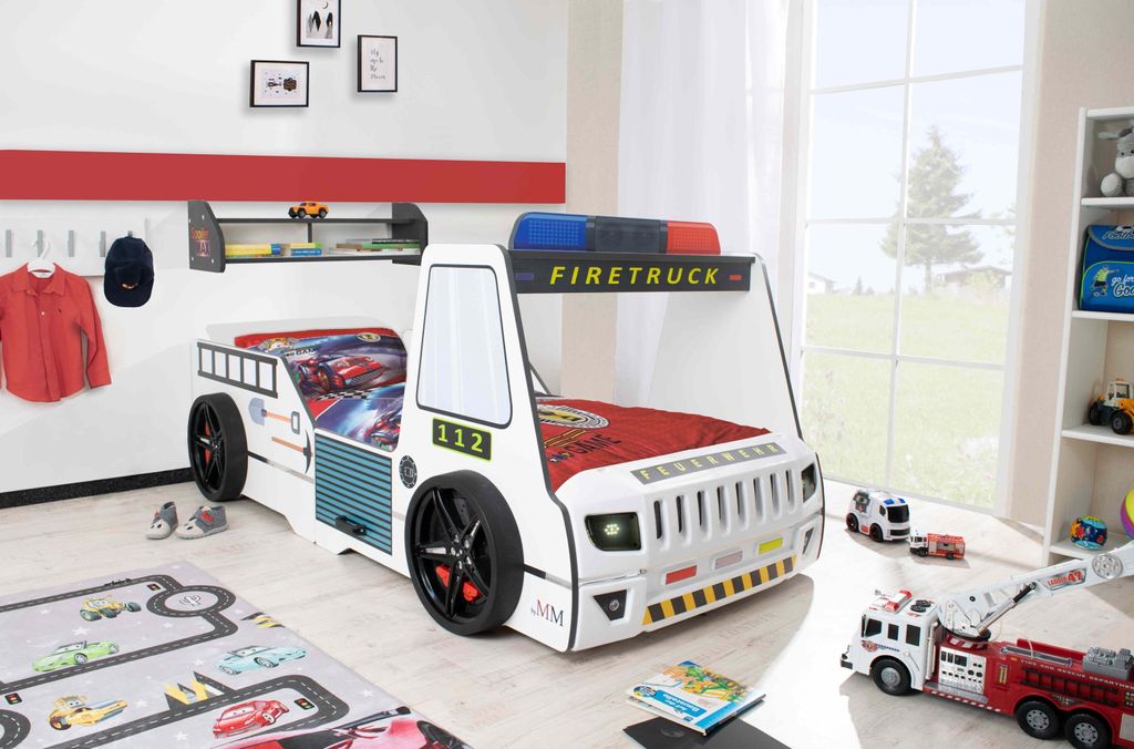 Autobett Kinder 90x200 cm Feuerwehrbett "Rio Firetruck" mit Matratze Regal und Bettwäsche
