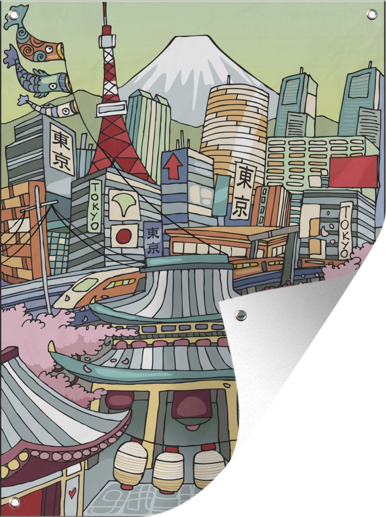 MuchoWow 60x80 cm Outdoor-Poster Gartendeko Sichtschutz Garten Poster für den Garten Cartoon-Illustration von Tokio