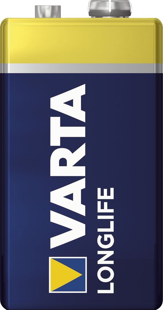 A studio shot of a VARTA LONGLIFE 9V battery.