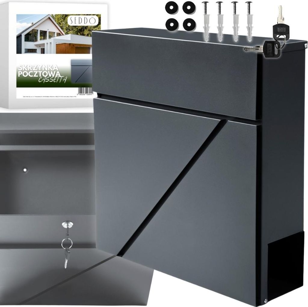 A dark grey mailbox is shown with its door open, revealing the interior. Accessories like screws and keys are placed on top.