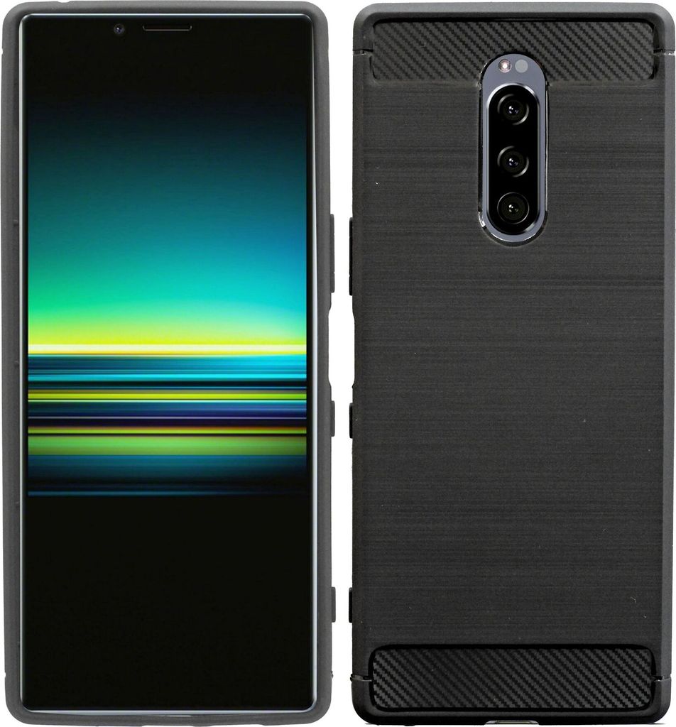 cofi1453 Silikon Hülle Carbon kompatibel mit SONY XPERIA 1 Case TPU Soft Handyhülle Cover Schutzhülle Schwarz