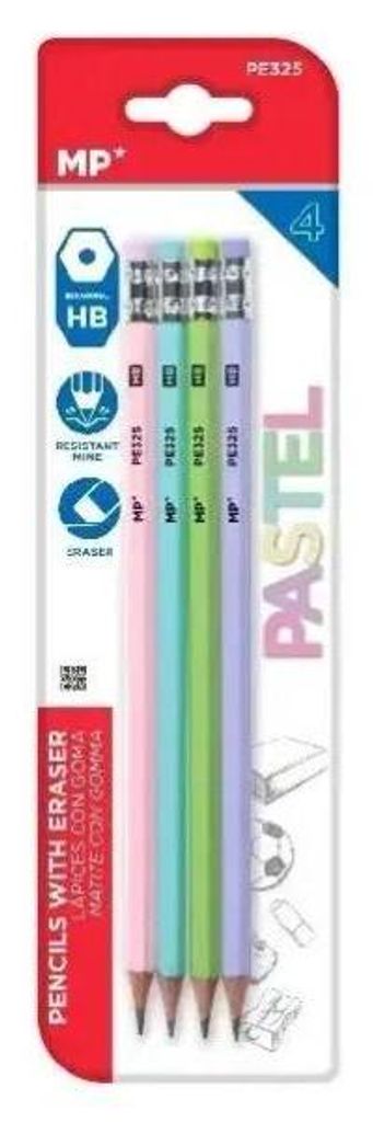 Bleistift mit Radiergummi HB, 4er-Pack, Pastellfarben – MP Main Paper