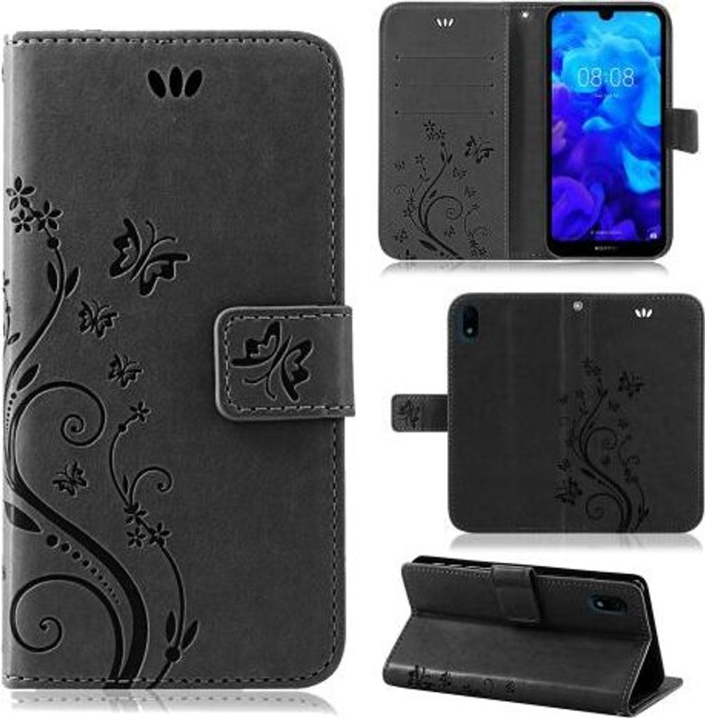 Handytasche für Huawei Y5 2019 Blumen Flip Cover Buchhülle mit Magnetverschluss, Blau