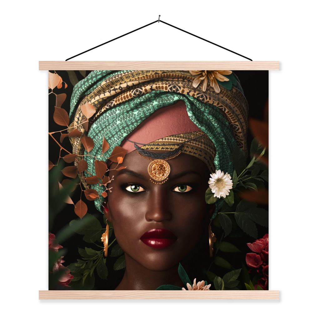 MuchoWow Textilposter Frau - Blumen - Schmetterlinge - Pflanzen - Schmuck - Luxus 40x40 cm mit holzfarbenen Rahmen - Posterleiste