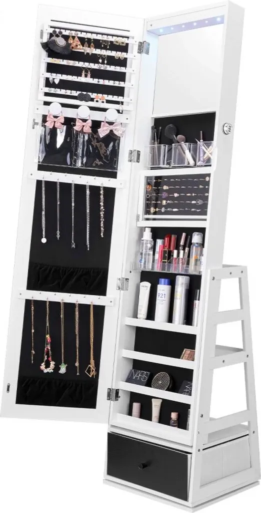 Rangement bijoux et maquillage avec miroir sur pied blanc pivotant