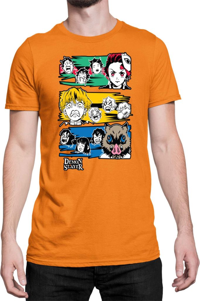 Herren T-Shirt Demon Anime Slayer Kimetsu No Yaiba Tanjiro Zenitsu Inosuke 001, Man XL / Orange
