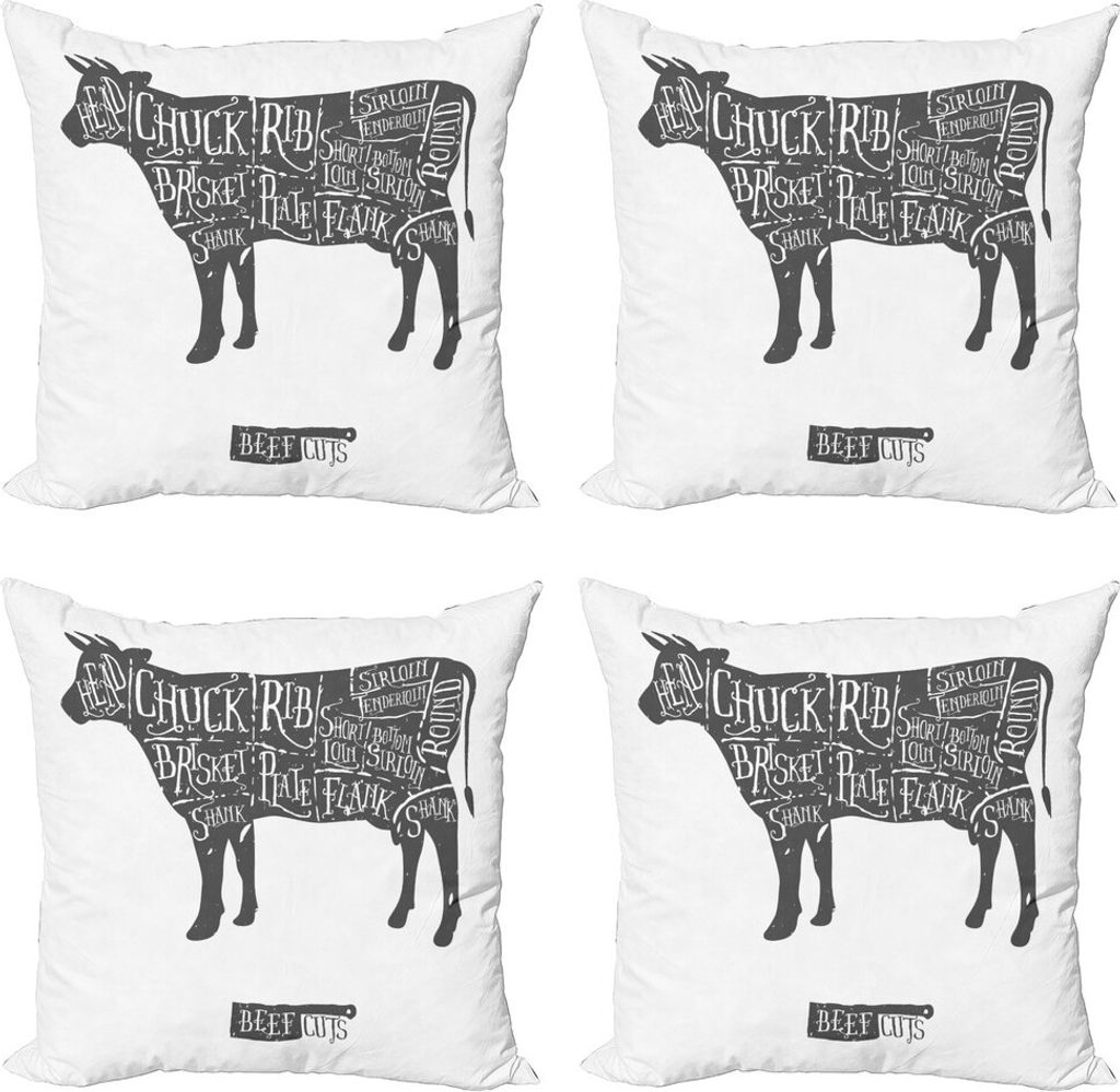 ABAKUHAUS Das Vieh Kissenbezug Set (4 Stück), Von Hand gezeichnet Butcher Cuts, Moderner Doppelseitiger Digitaldruck, 60 cm x 60 cm, Charcoal Grau...