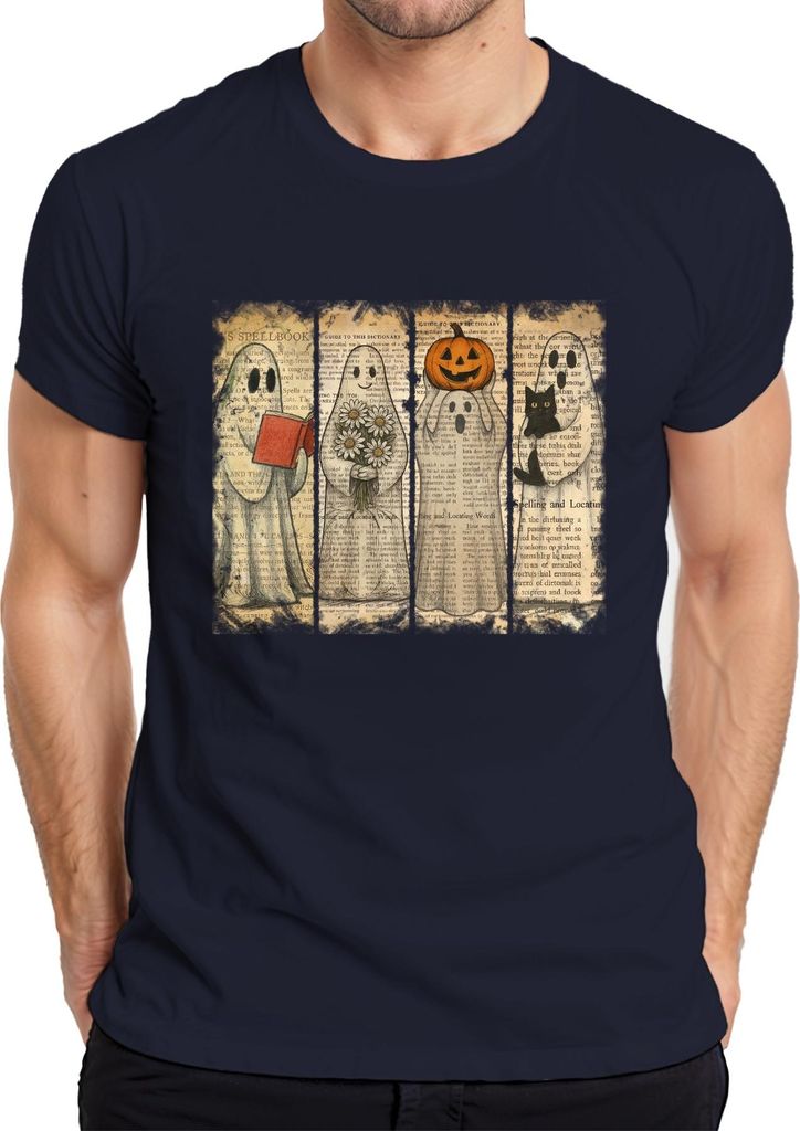 Halloween Geister Vintage Zeitung niedliche Kürbis Katze Blumen Herren T-Shirt, Navy, XXL