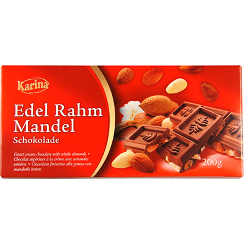 A box of Karina Edel Rahm Mandel Schokolade with whole almonds.