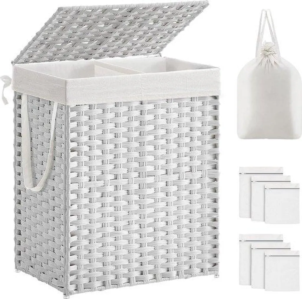 Panier à linge 90L blanc design avec couvercle et double rangement