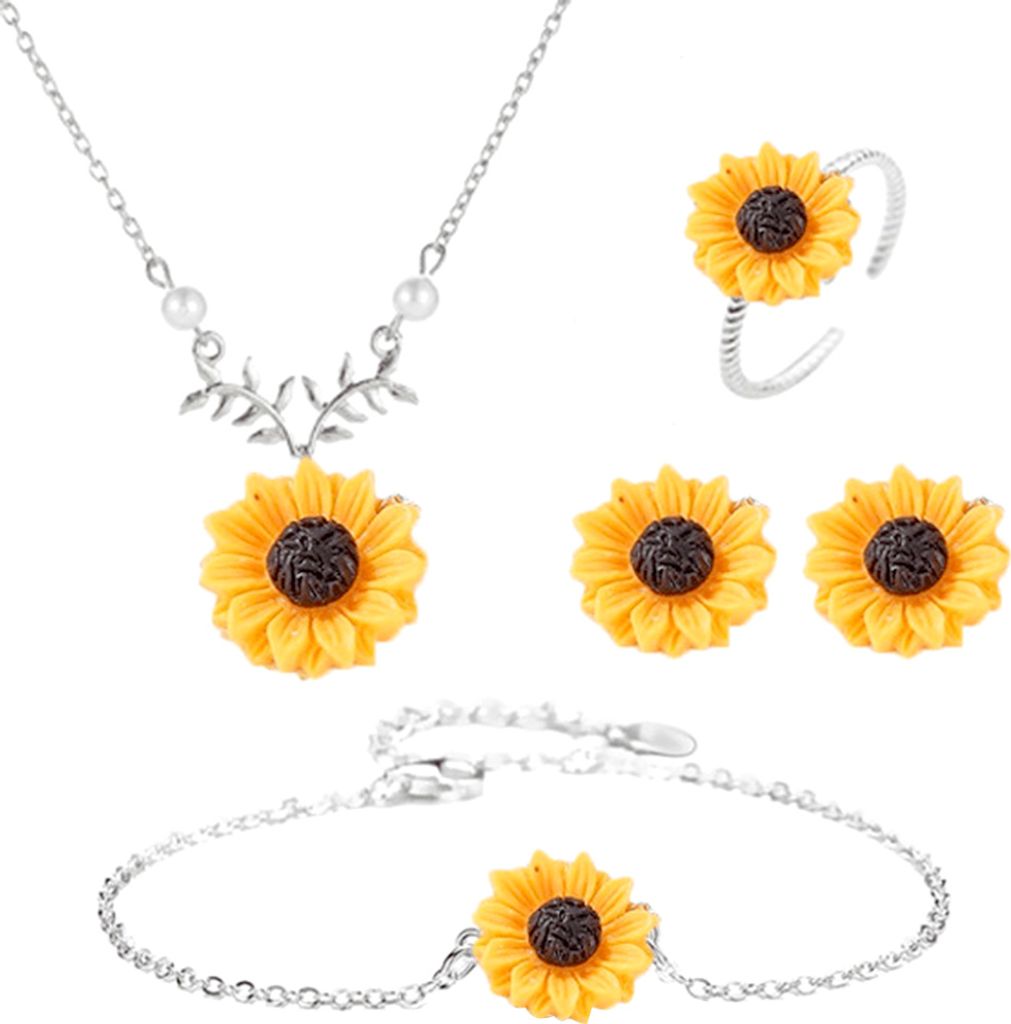 3/5-teiliges Damen-Sonnenblumenblatt-Kunstperlen-Charm-Halsketten-Ohrring-Armband-Ring-Set-Silber 5
