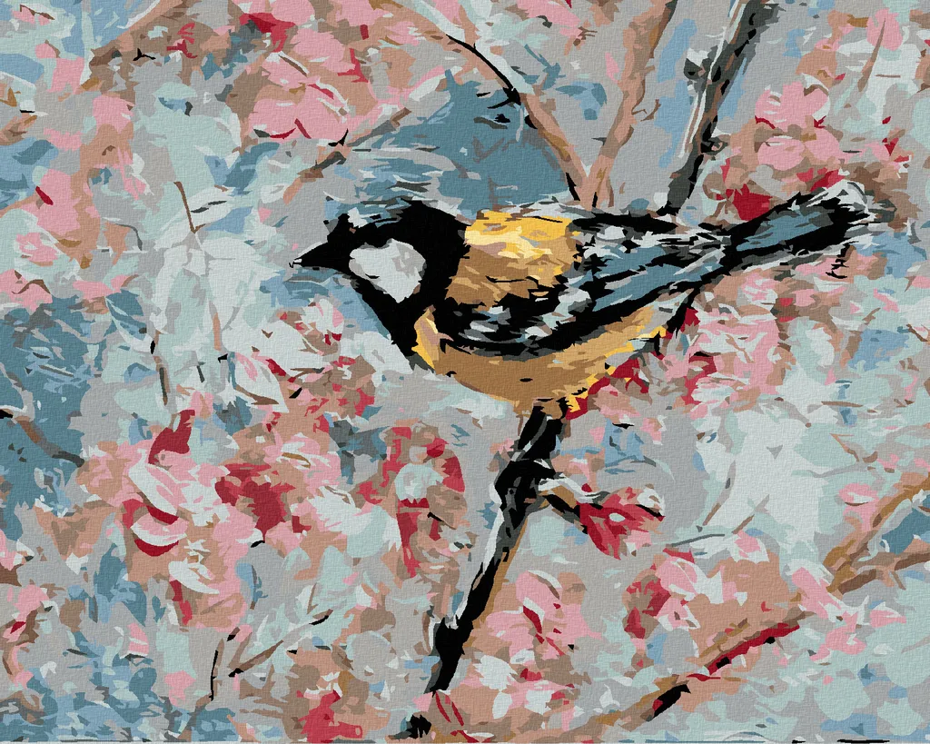 Zuty - Pittura con diamanti - UCCELLINO E FIORI ROSA, 40x50 cm, tela tesa su telaio