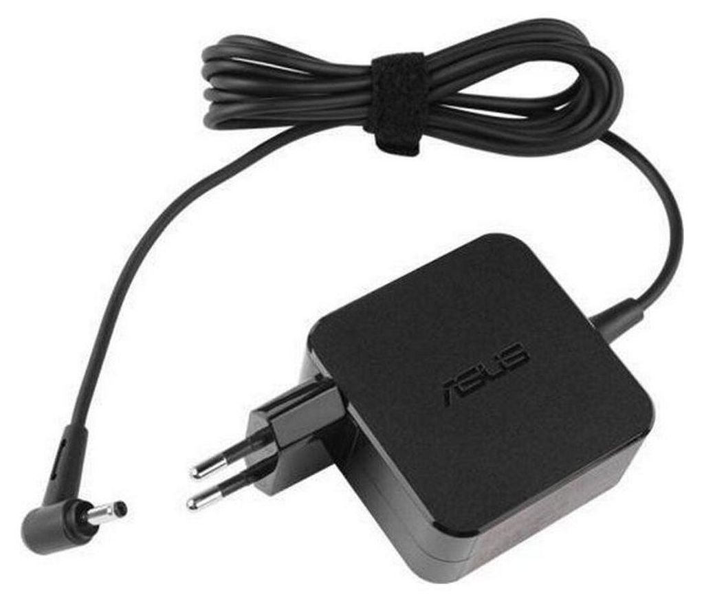 A black ASUS laptop charger with its cord neatly wrapped.
