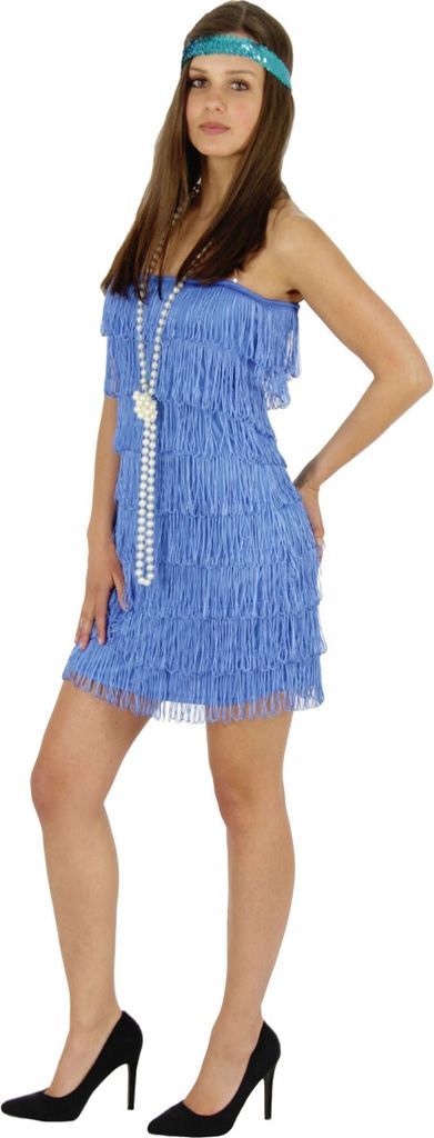 20er Jahre Damen Kleid Charleston Kostüm Fransen blau, Größe:XL