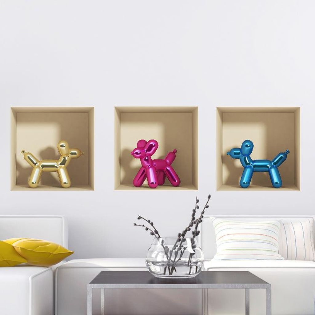 3D-Aufkleber mit 3 Hunden in Luftballons, 30 x 90 cm