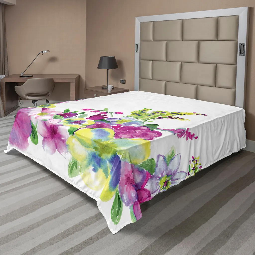 ABAKUHAUS Lenzuolo con fiori acquerellati, composizione Hybrid Garden Floret con erica e fiori Artistica, morbido e confortevole lenzuolo superiore per un letto decorativo 1 pezzo 275 cm x 260 cm, verde rosa - 1