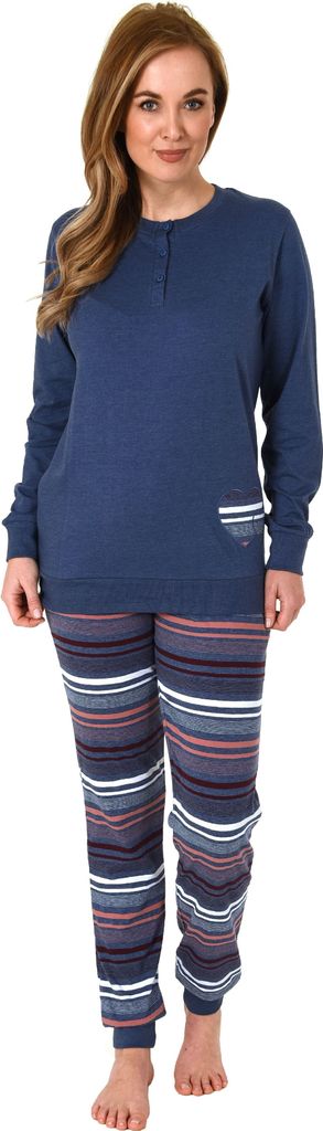 Eleganter Damen Pyjama mit Bündchen und gestreifter Hose + Herzmotiv - auch in Übergrössen ; blau-melange , 36