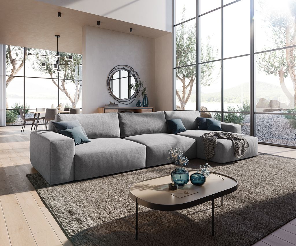 DELIFE Ecksofa Lanzo XL 380x180 cm Mikrofaser Grau Recamiere variabel